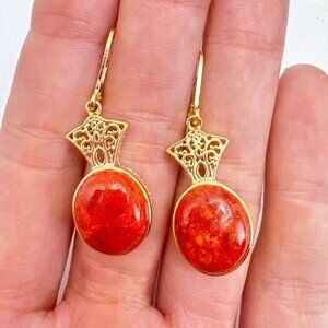 BJJ Gold Over Sterling Silver 925 Coral Dangle Earrings 1.5" Length